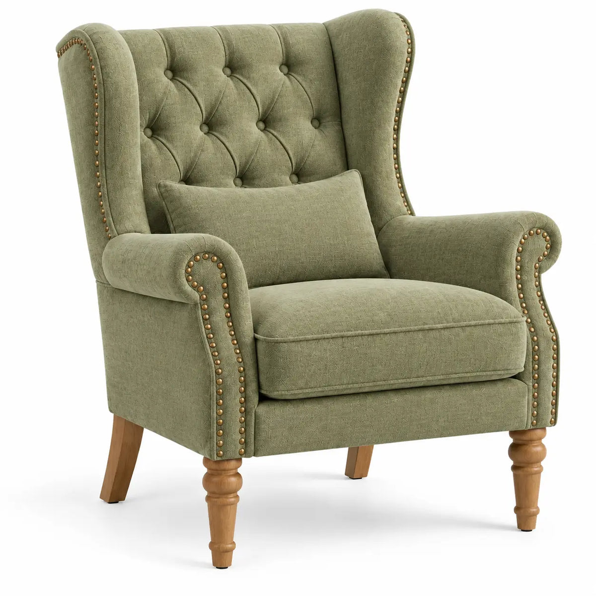 Fauteuil à oreilles capitonné et bordures cloutées, vert