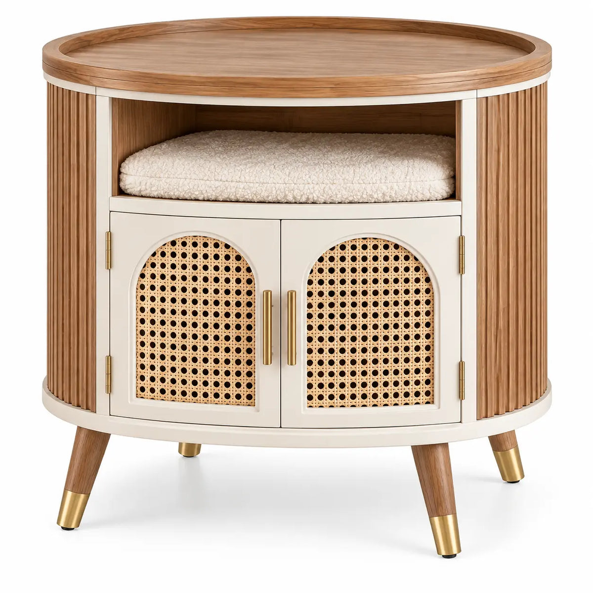 Meuble d'appoint arrondi à portes ajourées et niche, beige et blanc
