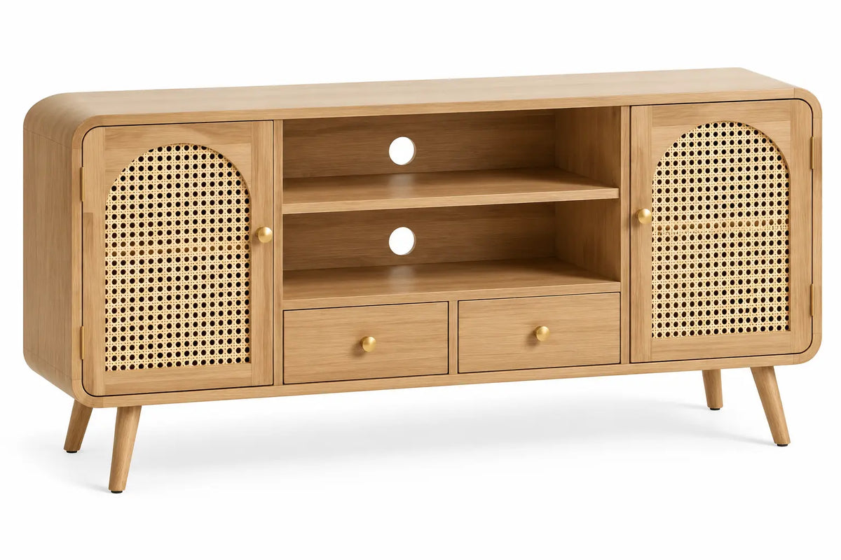 Meuble de télévision à portes ajourées, niches et deux tiroirs, beige
