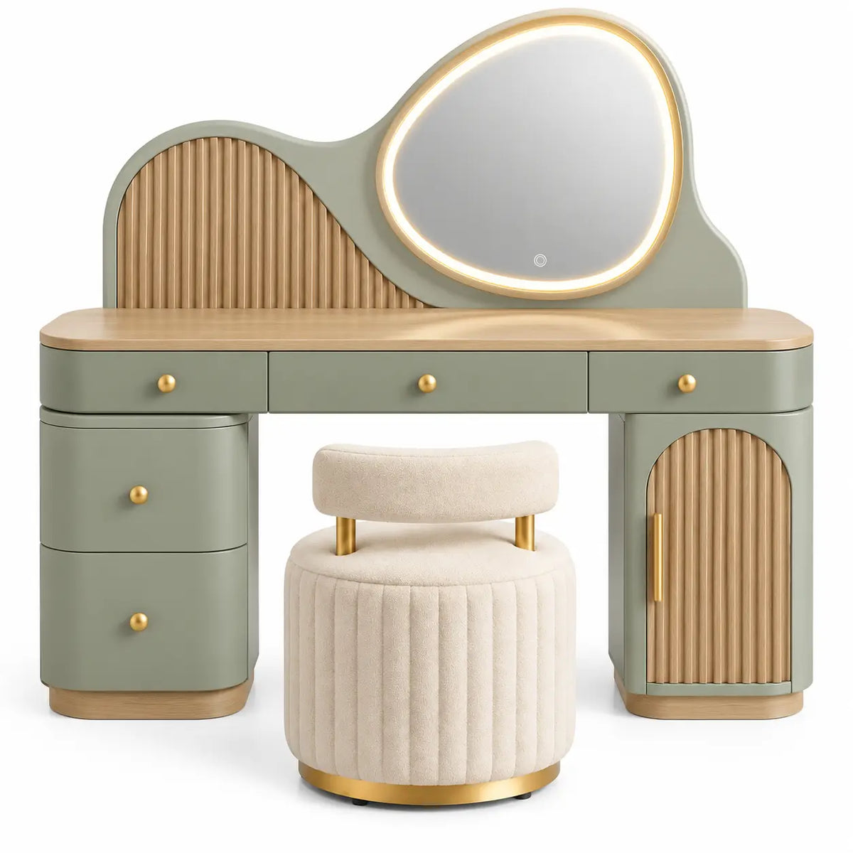 Coiffeuse à miroir arrondi, rangements et tabouret cannelé, vert et beige