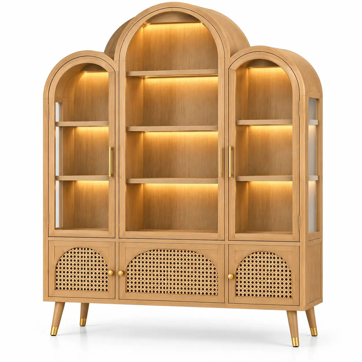 Bibliothèque à trois sommets cintrés et portes basses ajourées, beige