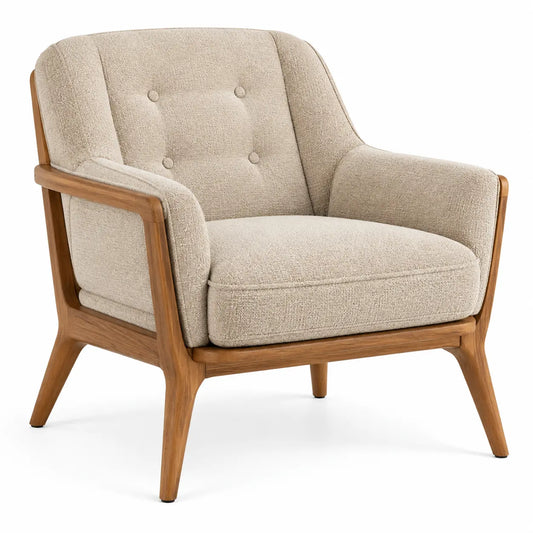 Fauteuil à dossier boutonné et structure apparente, beige et marron