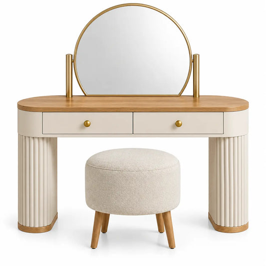 Coiffeuse à miroir rond, deux tiroirs et tabouret rembourré, blanc et beige