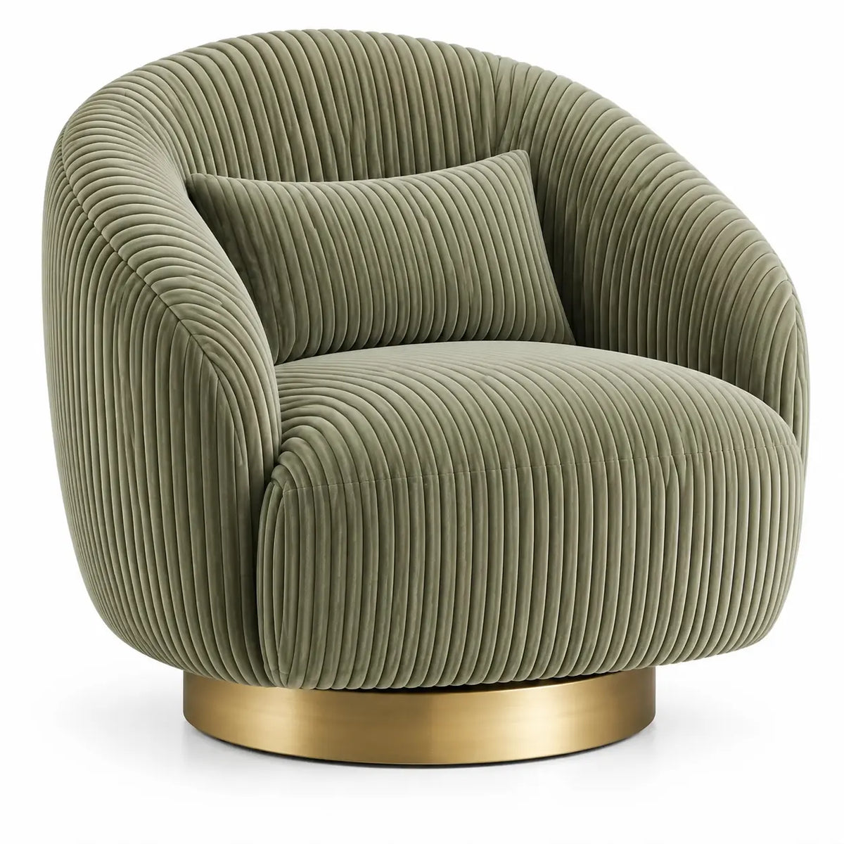 Fauteuil enveloppant côtelé sur base ronde dorée, vert