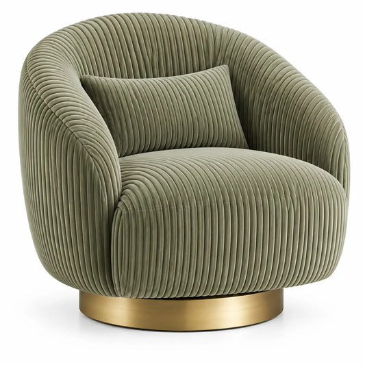 Fauteuil enveloppant côtelé sur base ronde dorée, vert