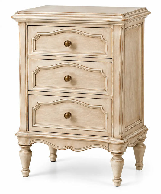 Table de chevet à trois tiroirs moulurés et pieds tournés, beige
