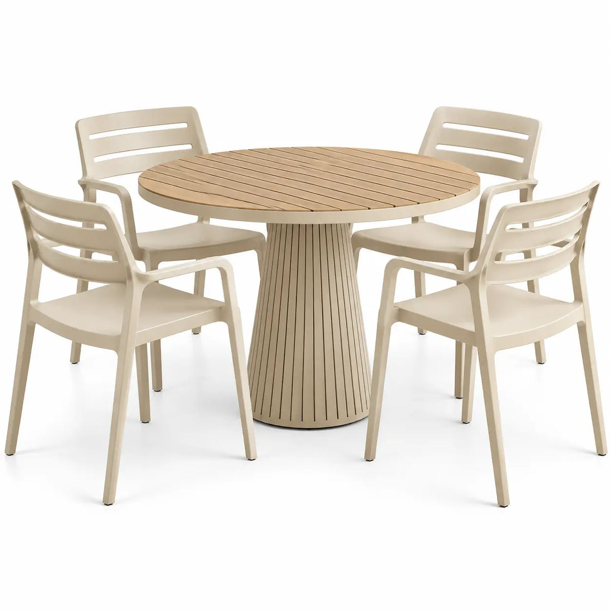Ensemble table ronde à pied cannelé et quatre chaises ajourées, beige