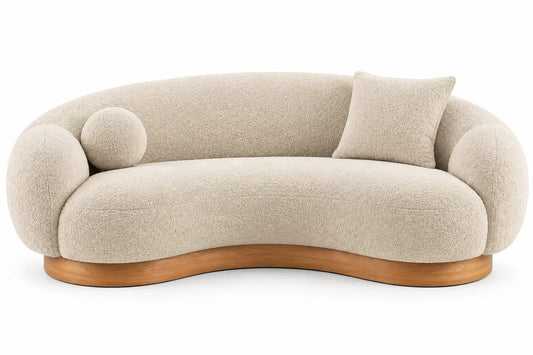 Canapé courbe compact à accoudoirs arrondis et base beige, blanc cassé