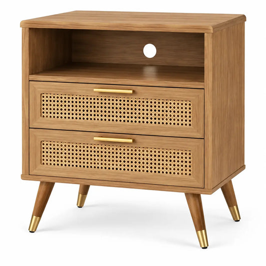 Table de chevet à niche ouverte et deux tiroirs ajourés, beige