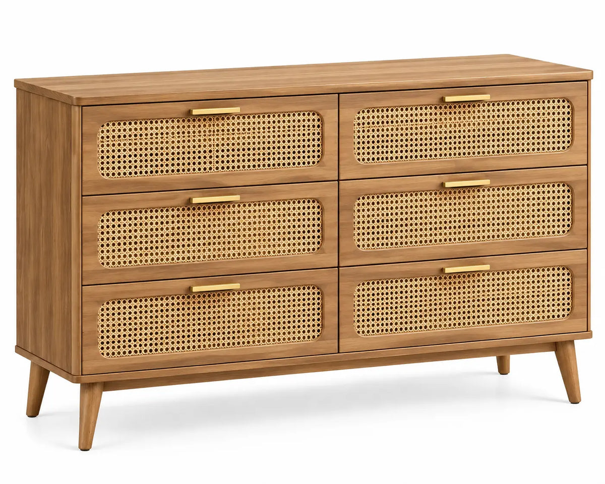 Commode à six tiroirs à façades ajourées et pieds inclinés, beige