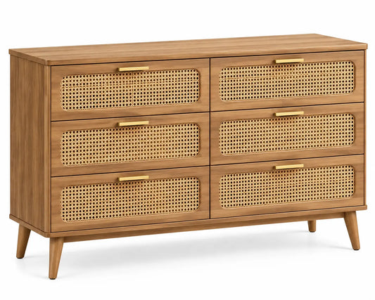 Commode à six tiroirs à façades ajourées et pieds inclinés, beige