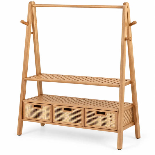 Portant à vêtements à étagères et trois tiroirs ajourés, beige