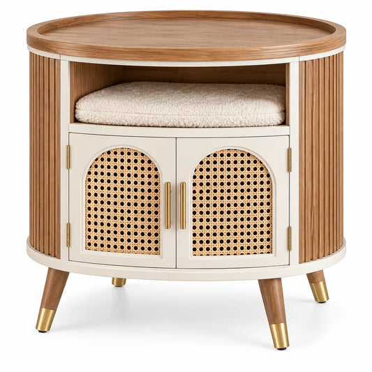 Meuble d'appoint arrondi à portes ajourées et niche, beige et blanc