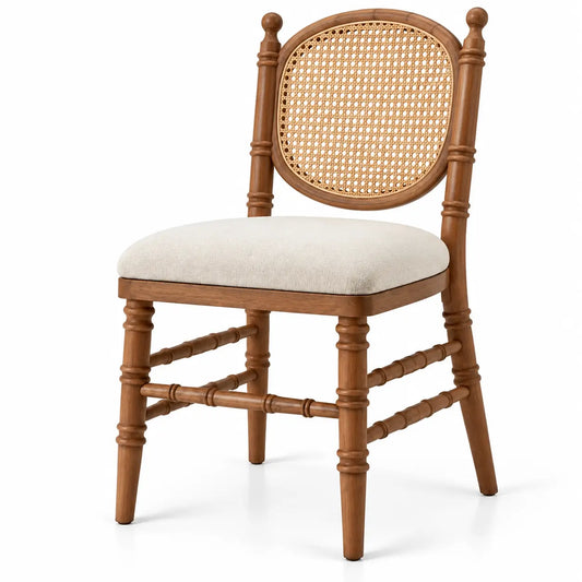 Chaise à dossier médaillon ajouré et pieds tournés, marron et beige