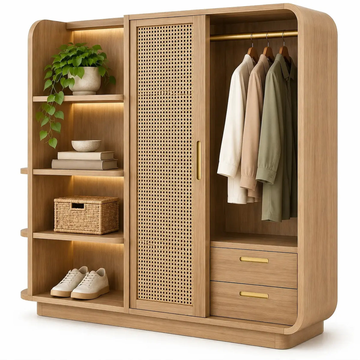Dressing arrondi à façade ajourée, penderie, étagères et tiroirs, beige