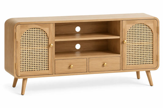 Meuble de télévision à portes ajourées, niches et deux tiroirs, beige