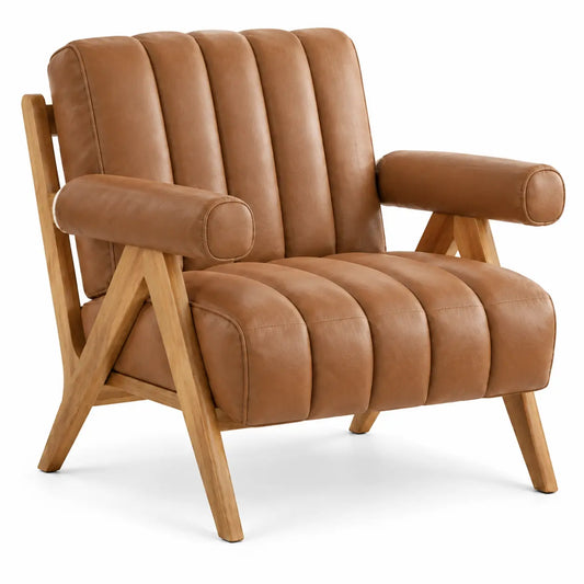 Fauteuil à bandes rembourrées et accoudoirs cylindriques, marron