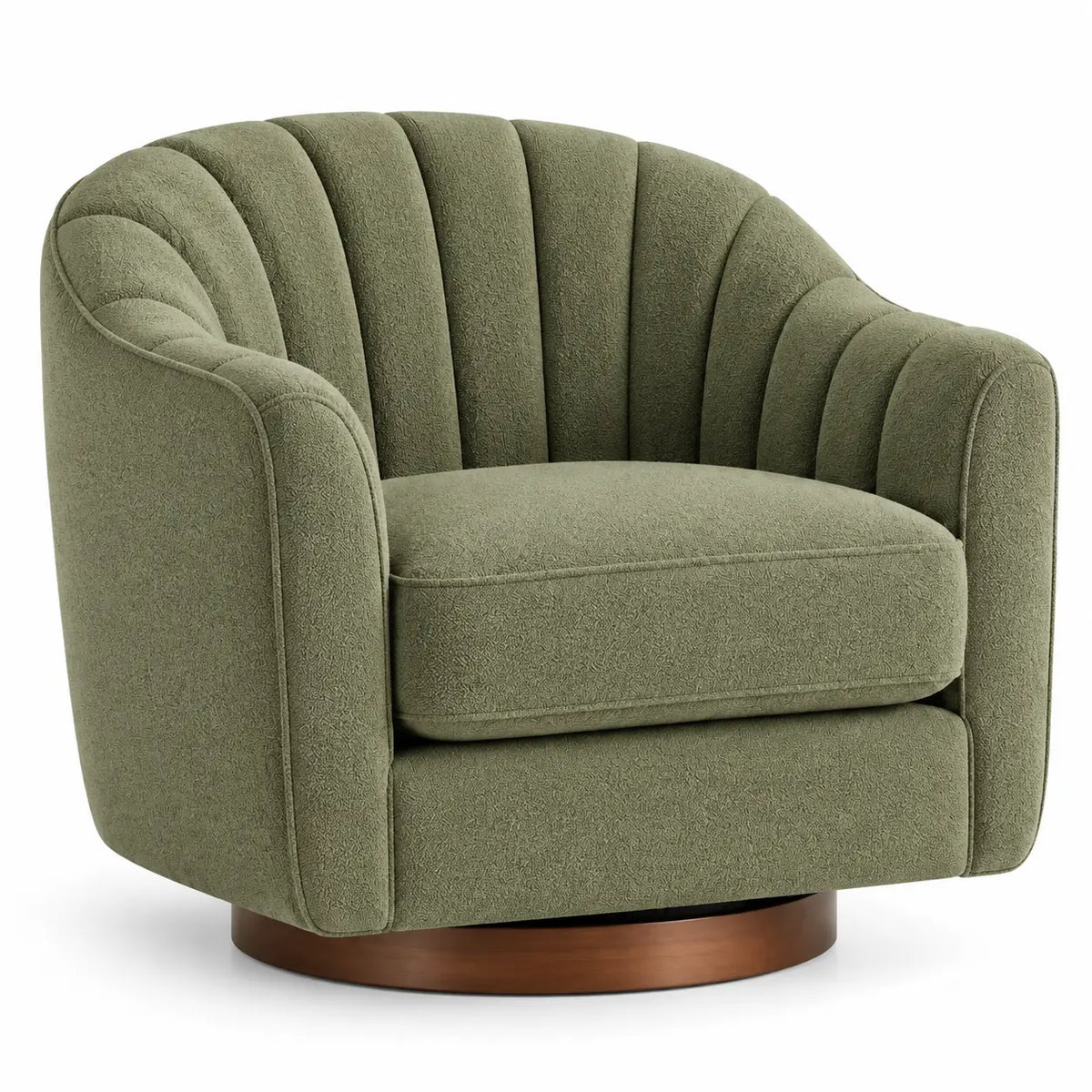 Fauteuil enveloppant à dossier segmenté et base ronde, vert et marron