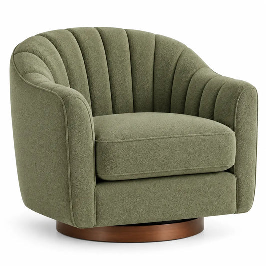 Fauteuil enveloppant à dossier segmenté et base ronde, vert et marron