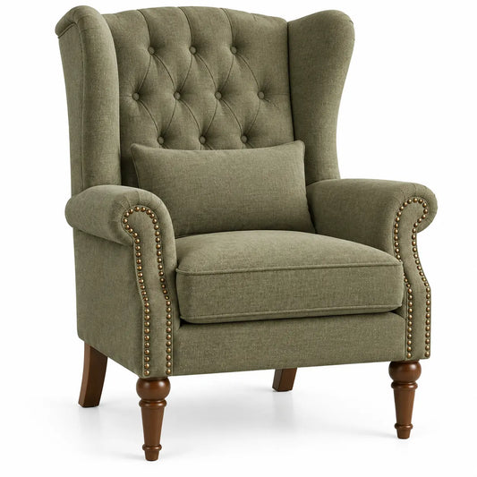 Fauteuil haut à oreilles capitonné et pieds tournés, vert