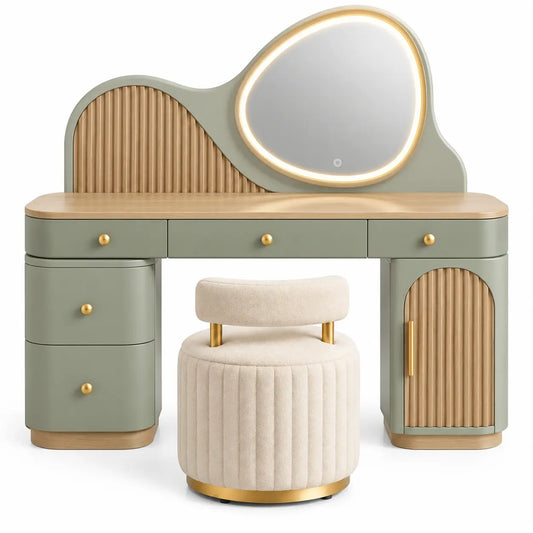 Coiffeuse à miroir arrondi, rangements et tabouret cannelé, vert et beige